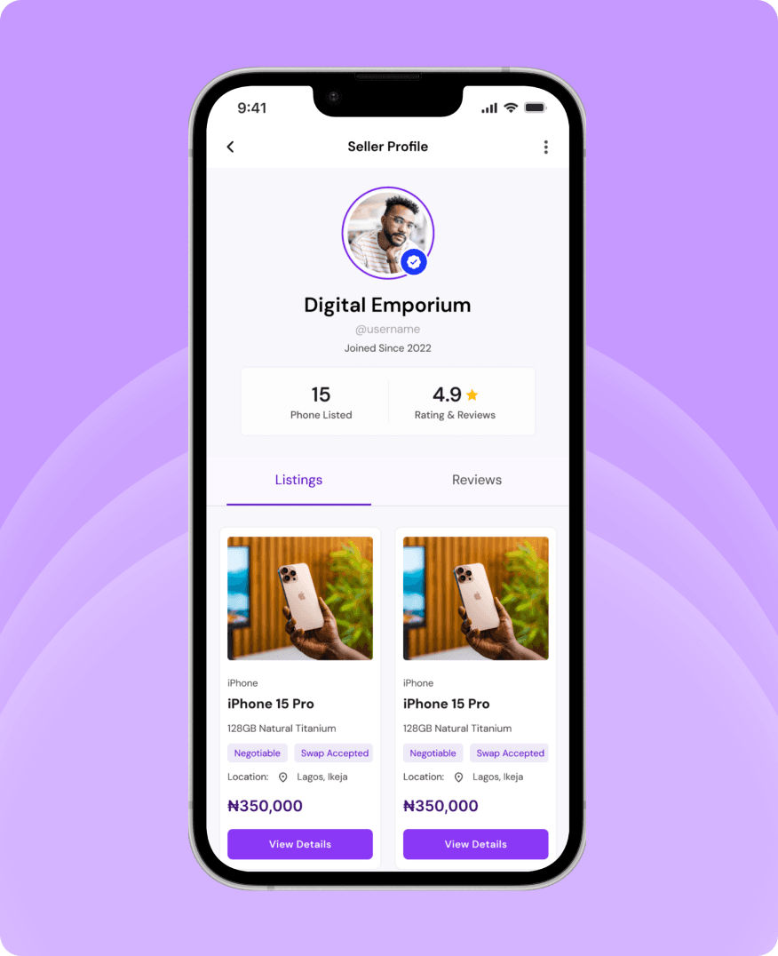 A verified seller profile in the PhoneCity app